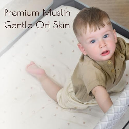 2-Pack Muslin Mini Crib Sheets Girl Boy, Cotton Muslin Pack and Play Sheets Fitted, 27" x 39", Fits Graco Pack n Play Mattress, Playpen Sheets Pack n Play, Oeko-Tex (Neutral Pack n Play Sheets)