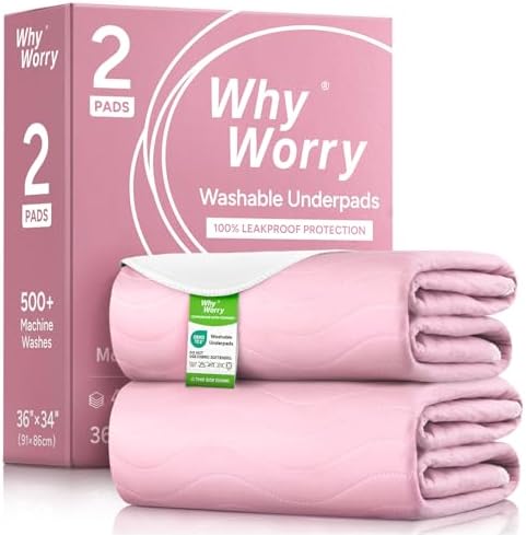 WhyWorry Washable Bed Pads for Adult Incontinence, 34"x36", Pink, 2 Count