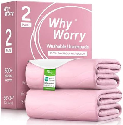 WhyWorry Washable Bed Pads for Adult Incontinence, 34"x36", Pink, 2 Count