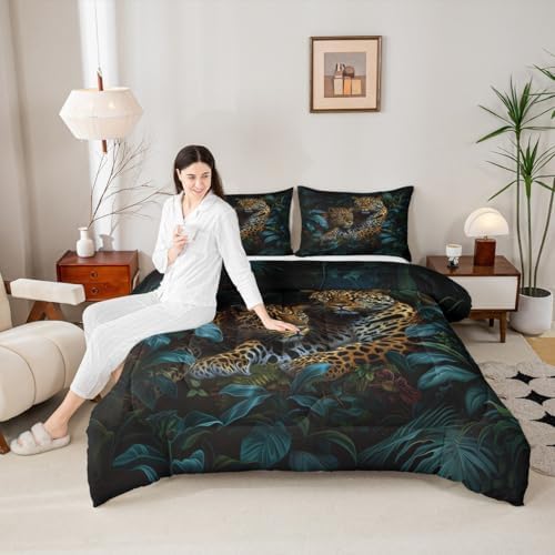 Jungle Cheetah Kids Comforter Set Twin Size,Palm Leaves Tropical Plant Botanical Bedding Set,Girls Boys Room Decor,Wildlife Leopard Animal Quilt Comforter,Brown Rustic Duvet Insert,1 Pillowcase