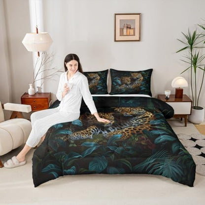 Jungle Cheetah Kids Comforter Set Twin Size,Palm Leaves Tropical Plant Botanical Bedding Set,Girls Boys Room Decor,Wildlife Leopard Animal Quilt Comforter,Brown Rustic Duvet Insert,1 Pillowcase