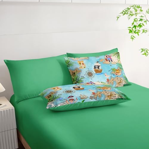7Pcs Comforter Set Pirate Ship Printed Bedding Set with 1 Comforter, 1 Flat Sheet, 1 Fitted Sheet and 4 Pillowcases for Boys and Girls Bedroom All Season(Pirate Ship Queen)