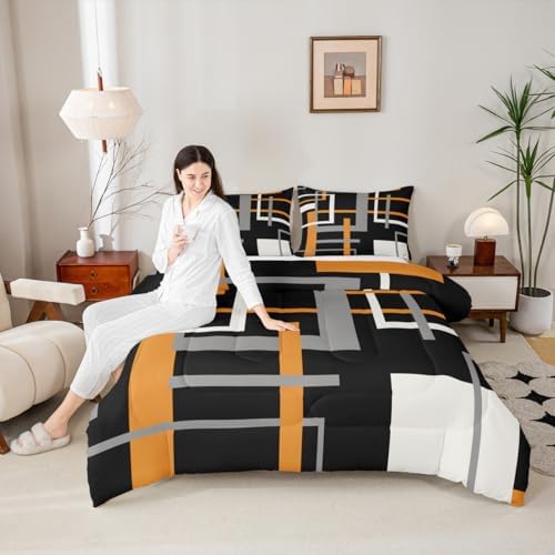 Square Comforter Set Queen for Boys Kids Orange Black Line Room Decor Abstract Art Comforter Aldults Bedroom Modern Minimalist Bedding Set 1 Comforter with 2 Pillow Cases,Lightweight Soft