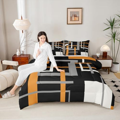 Square Comforter Set Queen for Boys Kids Orange Black Line Room Decor Abstract Art Comforter Aldults Bedroom Modern Minimalist Bedding Set 1 Comforter with 2 Pillow Cases,Lightweight Soft
