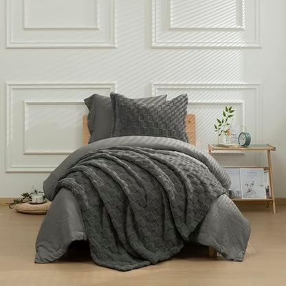 HIG 4pc 2-in-1 Twin-XL Comforter Set with Detachable Fluffy Blanket, Dark Gray