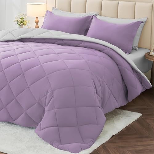 MUXHOMO 7 Pieces King Comforter Set, Reversible Bed in a Bag King Size, All Season Bedding Set with Comforter, Flat Sheet, Fitted Sheet, Pillowcases & Shams, Greyish Purple & Light Grey