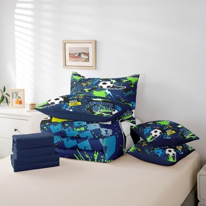 Erosebridal Boys Soccer 7 Piece Bedding Set King Size,Lightning Football Bed in a Bag,Sports Ball Game Bed Set Includes Comforter, Sheet Set, Pillowcases & Pillow Covers All Season Bedroom Decor