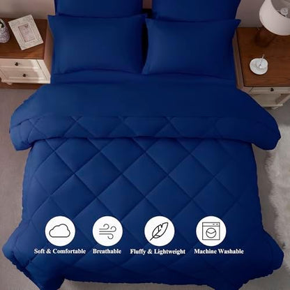 ELNIDO QUEEN® Full Size Comforter Set - 7 Pieces Navy Bed in a Bag Full, Bed Set All Seasons, Soft Bedding Sets with Dark Blue Comforter, Flat Sheet, Fitted Sheet, Pillowcases and Pillow Shams