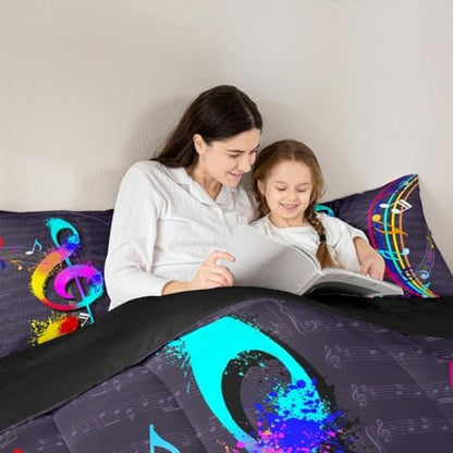 Music Note Comforter Set - Full Size Colorful Tie-Dye Hippie Style Bedding for Boys & Girls - Musical Notation Decor Duvet Insert - 3 Pcs