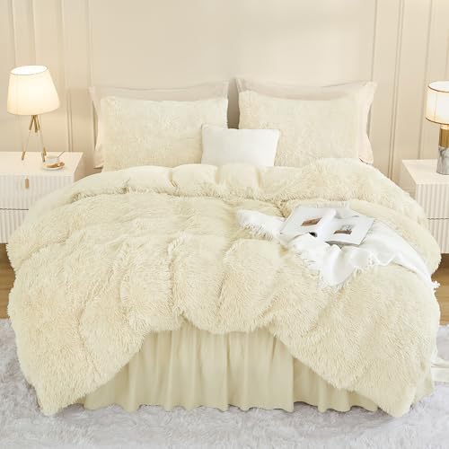 Andency Light Beige King Size Comforter Set, Fluffy Faux Fur Bedding Set