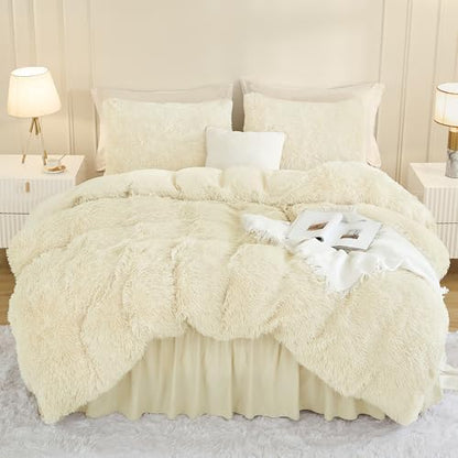 Andency Light Beige King Size Comforter Set, Fluffy Faux Fur Bedding Set