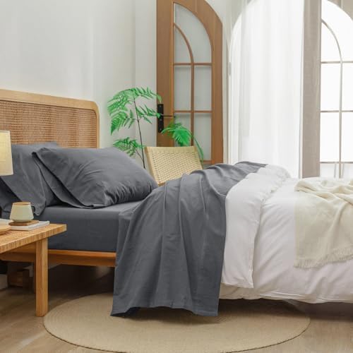 BESTOUCH Full Washed Cotton Linen Feel Sheet Set 4 Pcs Quiet Shade Grey