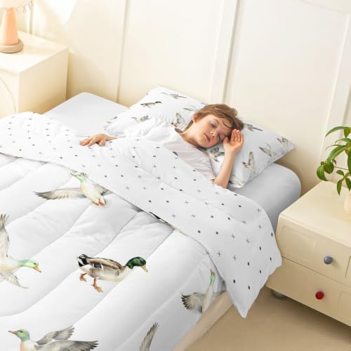 Feelyou Mallard Duck Bedding Set Soft for Boys Girls, Hunting and Fishing Comforter Set Twin Size Wild Animal Duvet Quilt Microfiber Wildlife White Bedroom Decor 2 Pcs with 1 Pillow Cases