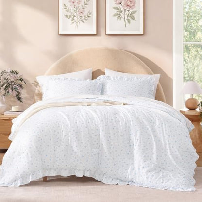 Andency Blue Floral Ruffle Comforter Queen, Flower Printed Bedding Set