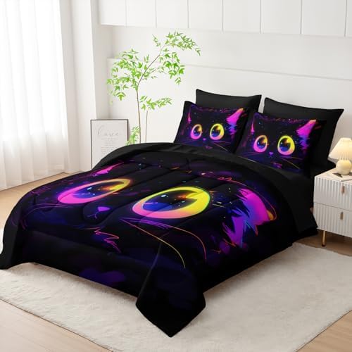 Nttopship Cute Cat Kids Comforter Set Full Size 7pcs Black in Dark 3D Digital Animals Printed Pattern Comforter Set for Kids Boys Girls Adults Animal Print Room Decor