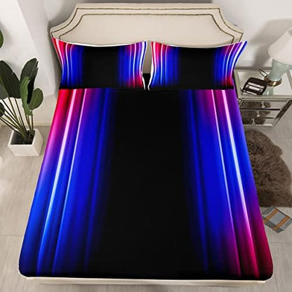 Feelyou Geometric Abstract Ombre Bed Sheets Kids Teens Red Blue and Black Striped Sheet Set Decor Modern Fashion Bed Set with 2 Pillowcases 4Pcs Bedding Queen