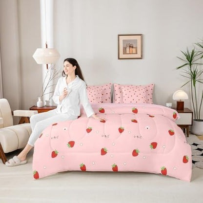 Erosebridal Girls Strawberry 7 Piece Bedding Set Twin Size Kawaii Bed in A Bag Kids Japanese Style Pink Cute Cartoon Fruit Food Theme Comforter with Sheets Girly White Floral Bed Sets