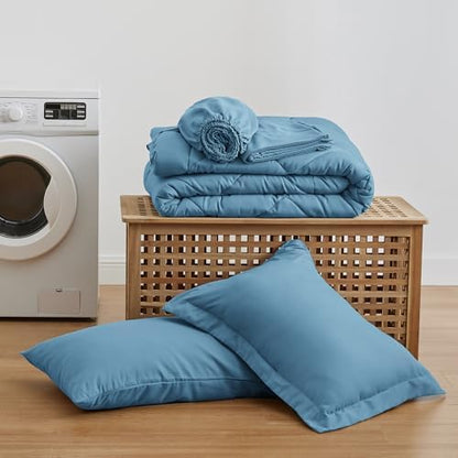 Love's cabin Twin Comforter Set Misty Blue, 5 Pieces Twin Bed in a Bag, All Season Bedding Sets with 1 Comforter, 1 Flat Sheet, 1 Fitted Sheet, 1 Pillowcase and 1 Pillow Sham
