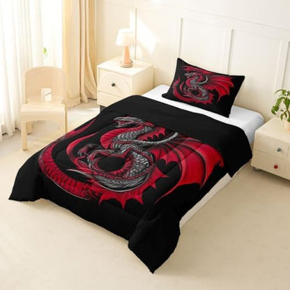Feelyou Dragon Bedding Set Soft for Boys Girls, Wild Life Comforter Set Toddler Size Jungle Dragon Duvet Quilt Microfiber Red Black Bedroom Decor 2 Pcs with 1 Pillow Cases