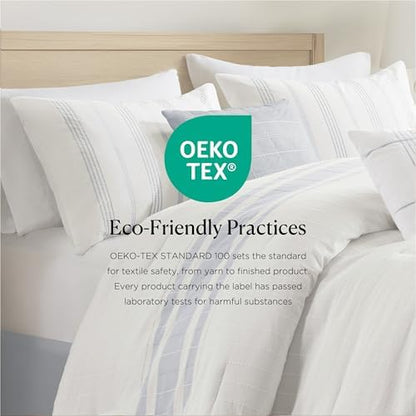 Harbor House Full Comforter Set, Stripes Clipped Jacquard, Soft Cotton Oversized Comforter for a Full-Size Bed, Farmhouse Bedding, 2 Shams, Bedskirt, 2 Décor Pillows, Morgan, Full White/Blue