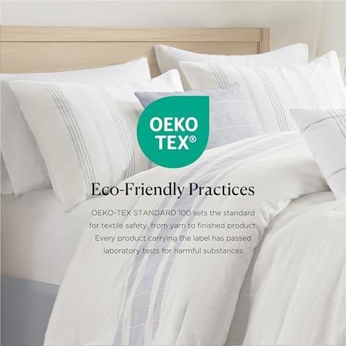 Harbor House Cal King Comforter Set, Stripes Clipped Jacquard, Cotton Oversized Comforter for a Cal King-Size Bed, Farmhouse Bedding, 2 Shams, Bedskirt, 2 Décor Pillows, Morgan, Cal King White/Blue