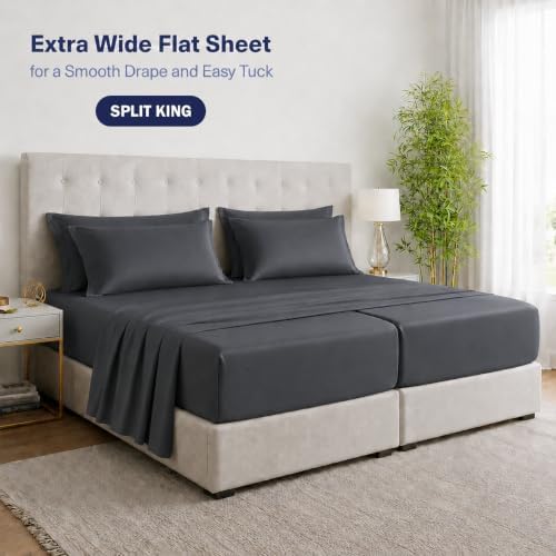Kickoff Viscose Bamboo Sheets Split King Size 5-pc 100% Organic Bamboo Viscose Bed Cooling Sheets Split King Size Set Cool Bedding for hot Sleepers Sheet Set - Gift Ready Packaging (Pewter, SK)