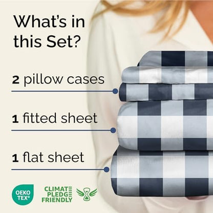 King 4 Piece Striped Sheet Set - Soft, Breathable & Cooling - Navy Gingham