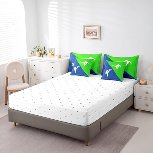 Castle Fairy Teens Adult Taekwondo Comforter Set King Size 7 Pcs Blue Green Bedding Set with Comforter,Sheet Set,Pillowcase and Sham Japanese Style Bed Set Kungfu Bedding for Room Decorative