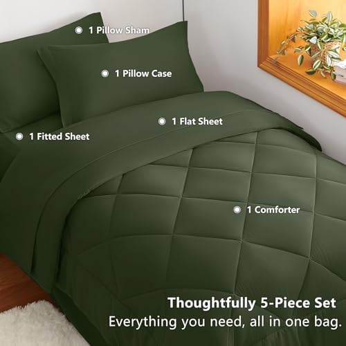 CozyLux Twin XL Comforter Set 68"x88" Olive Green - 5 Piece Bed in a Bag