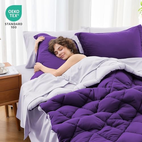 MUXHOMO 7 Pieces Queen Comforter Set, Reversible Bed in a Bag Queen Size, All Season Bedding Set with Comforter, Flat Sheet, Fitted Sheet, Pillowcases & Shams, Purple & Lavender
