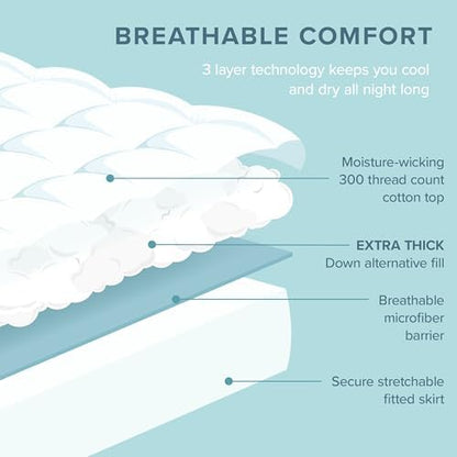 Bare Home Full XL Mattress Cover, White, 100% Cotton Top, Deep Pockets, Machine Washable, Breathable, Down Alternative Fiber Fill