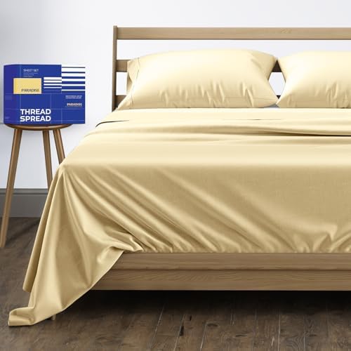 THREAD SPREAD Full Size Bed Sheets, Luxury 1000 Series Paradise Collection 100% Egyptian Cotton Sheets Full Size Set (4 PC, Sand), Silky Soft, Cooling, Sateen, 16" Deep Pocket Hotel Sheet Set
