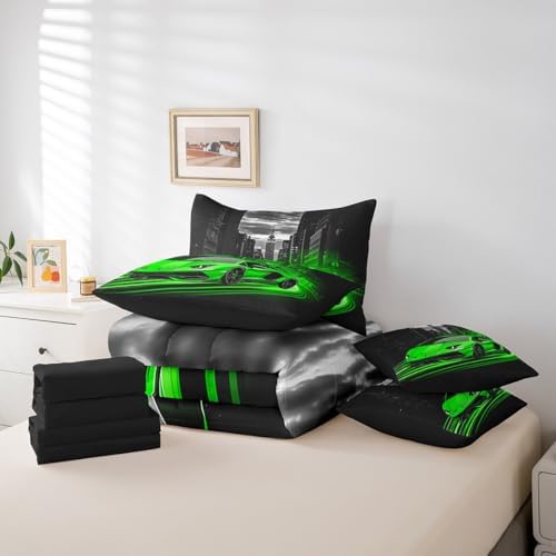 Feelyou Green Race Car Comforter Set with Sheets Twin Size Kids Speed Sports Car 7 Pieces Bedding Set for Boys Girls Teens Racing Car Bed in a Bag Extreme Sports Street Bed Set Gothic Modern City