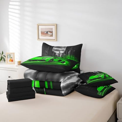Feelyou Green Race Car Comforter Set with Sheets Twin Size Kids Speed Sports Car 7 Pieces Bedding Set for Boys Girls Teens Racing Car Bed in a Bag Extreme Sports Street Bed Set Gothic Modern City