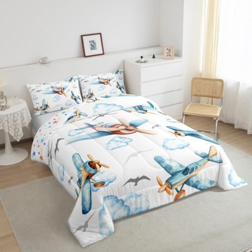 Erosebridal Boys Cartoon Propeller Plane King Size Comforter Set, Aircraft Airplane Bedding Set, Blue Clouds Comforter for Kids Child Girls Adults Bedroom, Flying Birds Animals Duvet Insert