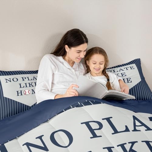 Children Sports Baseball King Size Comforter Set Kids Baseball Decor All Season Bedding Set for Boys Girls Teens Sports Theme Comforter Navy and White Decor Quilt Set Bedroom Collection 3Pcs