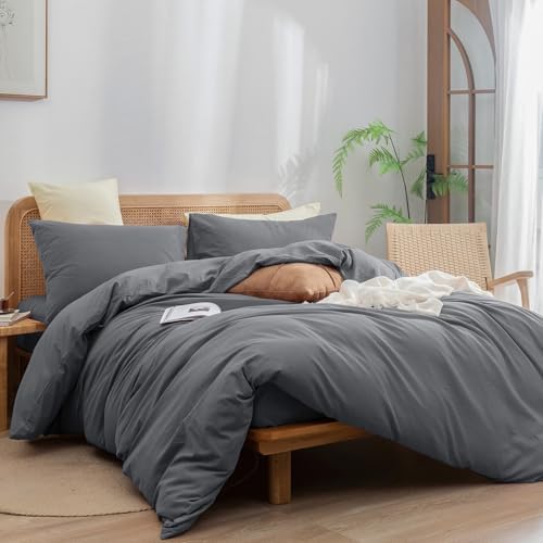 BESTOUCH Cotton Solid Duvet Cover Set Linen Feel Quiet Shade Grey Full