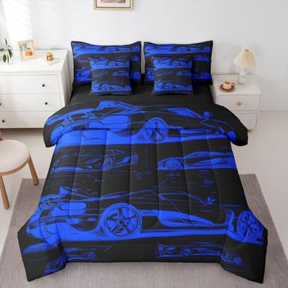Feelyou Blue Race Car Comforter Set Twin Size 7 Pieces Speed Sports Car Bedding Set for Kids Boys Girls Extreme Sports Bed in a Bag with Comforter, Sheets, Pillowcases, Cushion Covers Quilted