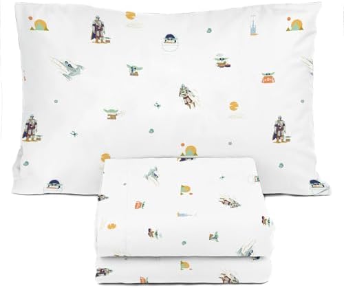 Sunny Side Up Kids Sheet Set with Fitted, Flat Sheets & Pillow Cover - Ultra-Soft Bedding with Pillowcase for Room Decor, White - Star Wars Mandalorian, 3 Piece Twin