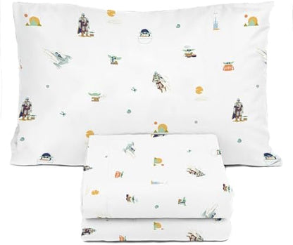 Sunny Side Up Kids Sheet Set with Fitted, Flat Sheets & Pillow Cover - Ultra-Soft Bedding with Pillowcase for Room Decor, White - Star Wars Mandalorian, 3 Piece Twin