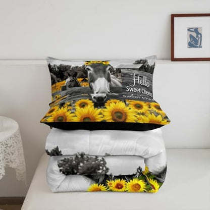 Erosebridal Donkey Comforter Set Twin Size - Funny Farm Animal Bedding 2 Piece for Boys Girls Kids - Rustic Farmhouse Sunflower Duvet Insert With Cute Print Quilt and 1 Pillowcase