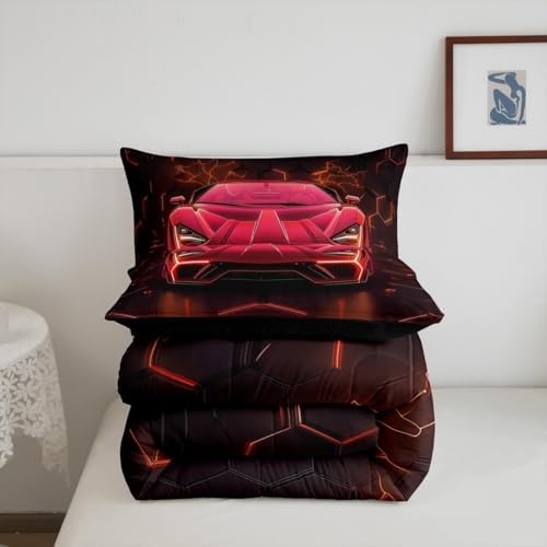 Feelyou Kids Boys Race Car Bedding Set Toddler Size,Red Black Racing Car Comforter Set,Boys Car Theme Bedroom Room Decor,Extreme Sports Car Comforter,Geometric Hexagon Cool Car Bed Set for All Season