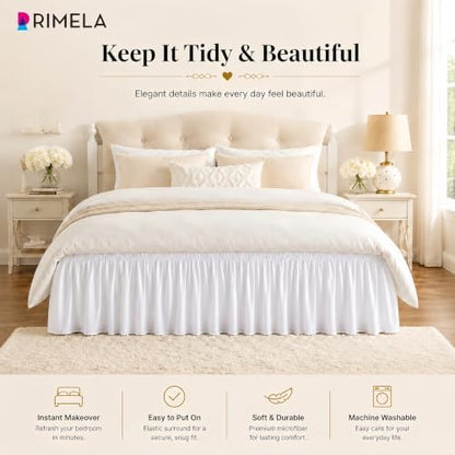 RIMELA White Bed Skirt King Size 15 Inch Drop, Elastic Bed Skirting for Bed Base and Frame, Bedding Dust Ruffle, Lightweight Wrap Around Adjustable Bedskirt, Cal King