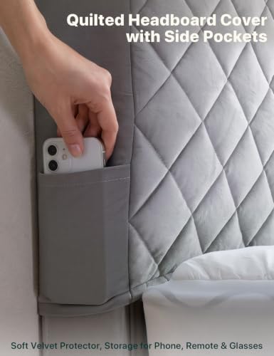 Velvet Bed Headboard Cover Slipcover - Stretch Quilted & Thicken Dustproof Protector for Queen/King, Washable Decorative Headboard Cover for Bedroom (LightGray, 75x27.5 inch)