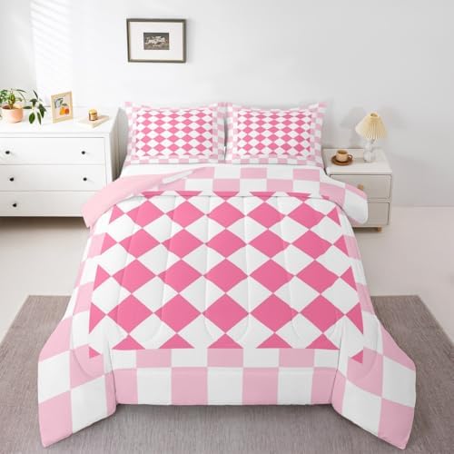 Feelyou Checkered Geometric Kids Comforter Set Toddler Size Pink Plaid Bedding Set Checkerboard Modern Aesthetic Duvet Quilt for Kids Boys Girls Bedroom Reversible Pink Decor