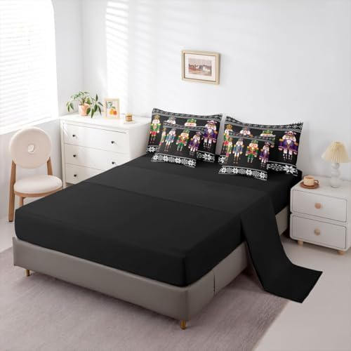 Erosebridal Nutcracker 7 Pcs Comforter Set Queen Size, Retro Xmas Bedding for Kids Boys, Colorful Scandinavian Christmas Snowflakes Bed in A Bag Sheet Set, Black White Winter Duvet Insert