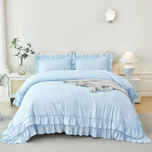 ANGIYUIN 5 Pieces Light Blue Full Bed in A Bag for Girls Ruffle Bedding Sets Farmhouse Fluffy Comforter Set Soft Lightweight Bed Sets for Women Girls(Light Blue Full)