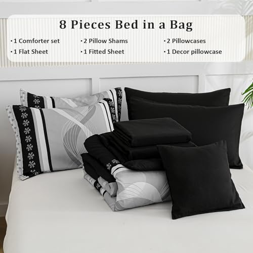 Anibedding Black Comforter Set King Size,8 Pieces Boho Bed in a Bag Patchwork Striped Comforter Set, Soft Microfiber Bedding Set for All Season(104"×90")