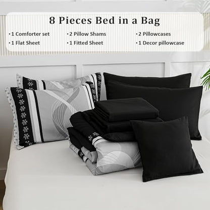 Anibedding Black Comforter Set King Size,8 Pieces Boho Bed in a Bag Patchwork Striped Comforter Set, Soft Microfiber Bedding Set for All Season(104"×90")