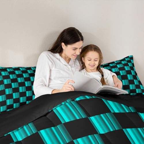 Checkered Kids Comforter Set Queen Size Abstract Ombre Bedding Set Modern Geometric Teal Blue Black Duvet Quilt for Kids Boys Girls Bedroom Cute Neutral Aesthetic Plaid Decor